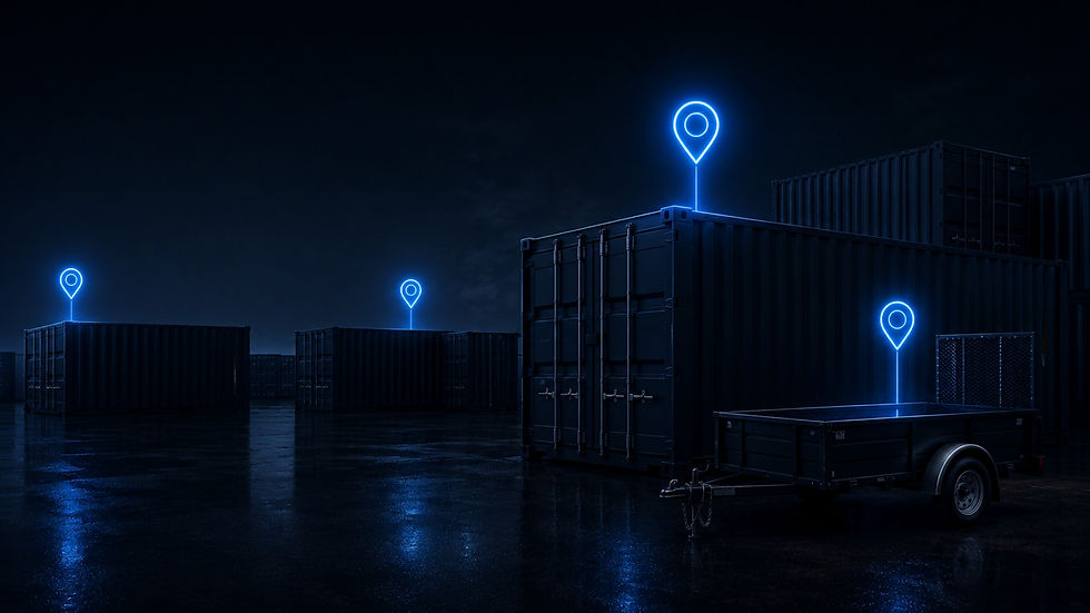 Commercial trailers with battery-powered Geotab GO Anywhere asset trackers in an equipment yard