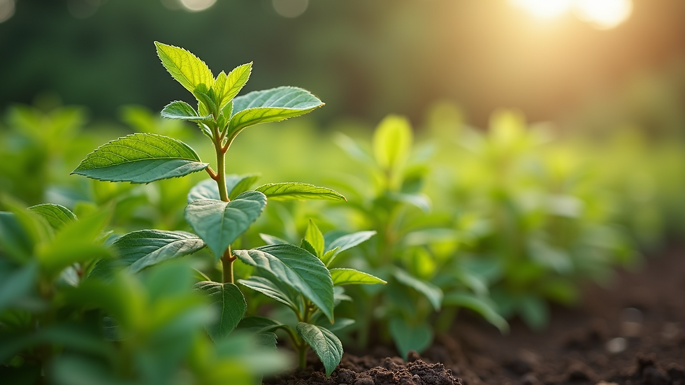 Eye-level view of fresh herbal plants growing in a garden
