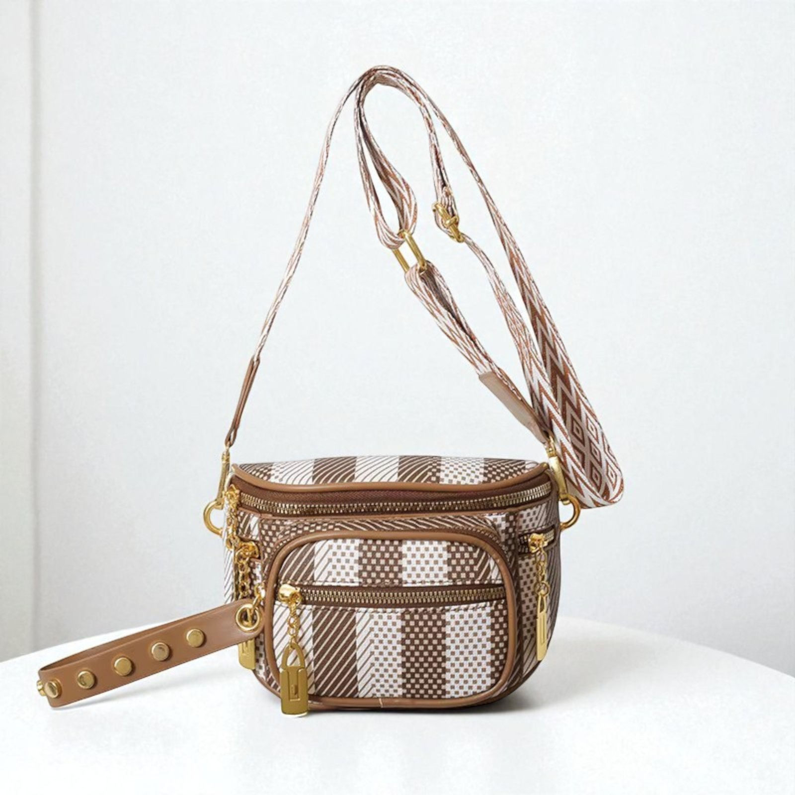 Mimi Mini Crossbody Bag - Brown with Patterned Adjustable Strap