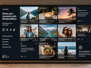 Digital signage screen displaying live Instagram and social media feed wall with user generated content and brand hashtags