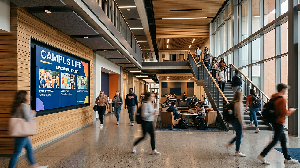 University campus digital signage screen showing student event content