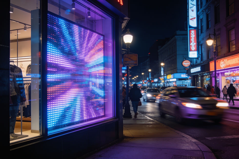 Shopfront window digital display at night