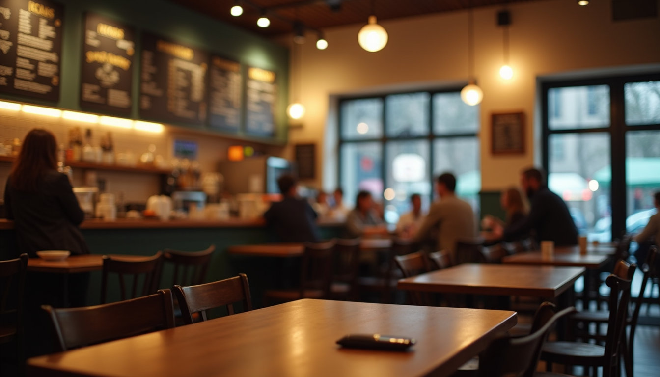 Close-up view of a lively cafe atmosphere with digital menus in the background