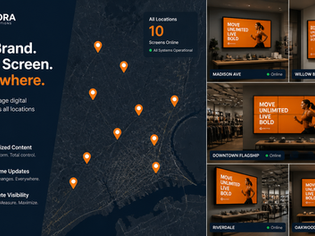 Multi-location retail chain with unified brand digital signage content showing consistently across all sites