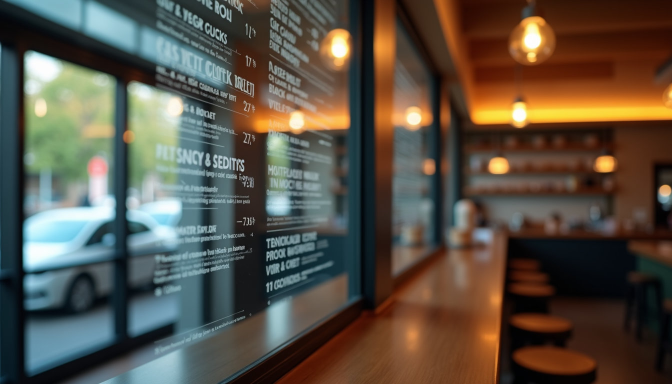 Close-up view of a digital menu board in a café