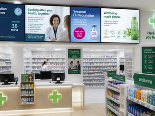 Modern UK pharmacy with digital screens displaying prescription wait times health information and wellness product promotions