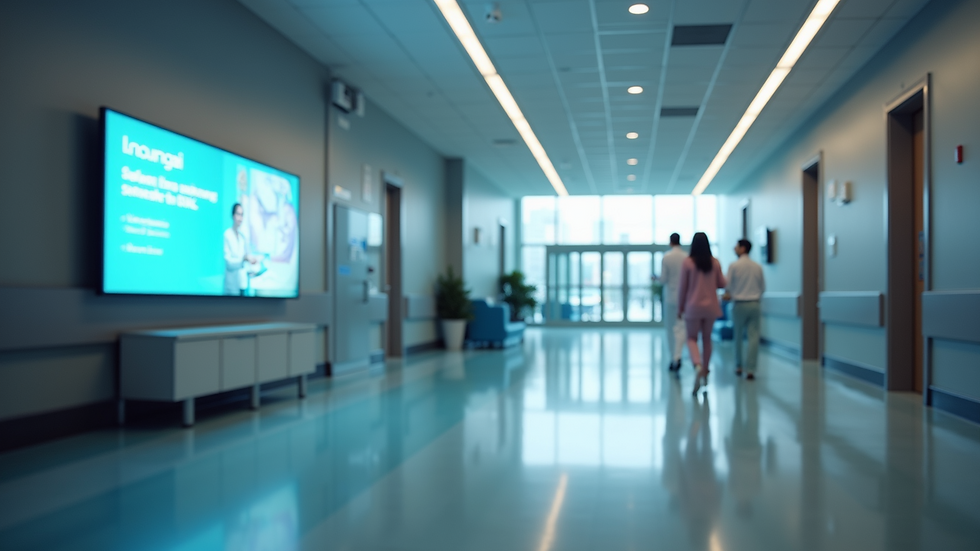 High angle view of a hospital lobby featuring digital signage displays