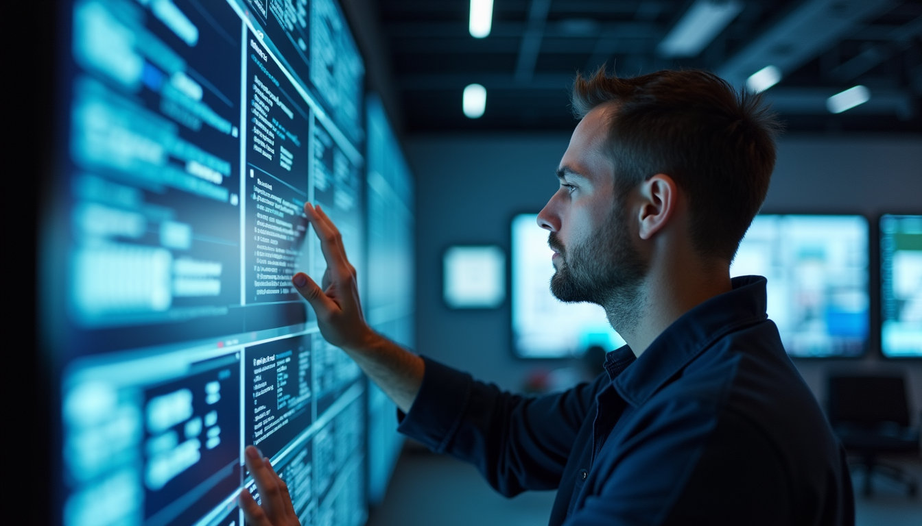 Close-up view of a technician calibrating a video wall screen