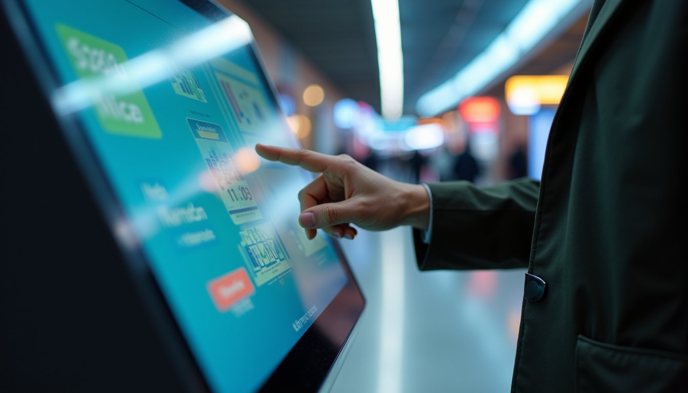 Close-up of an interactive touchscreen kiosk in a public space