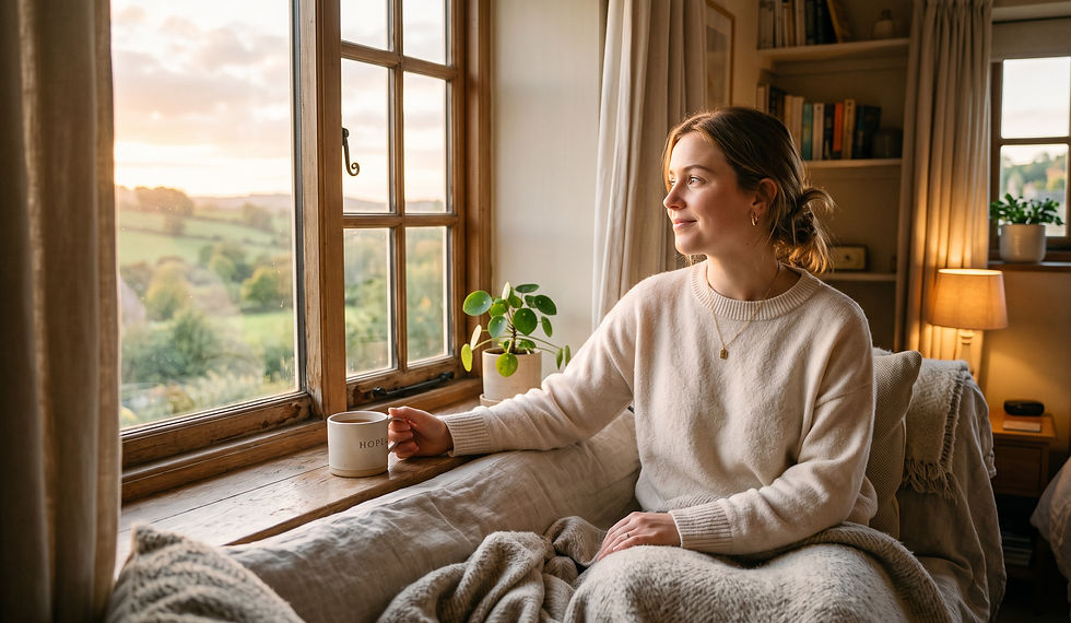 Woman looking out a window with a hopeful expression