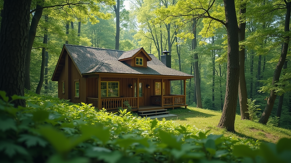 Eye-level view of a cozy eco-friendly cabin surrounded by lush green forest