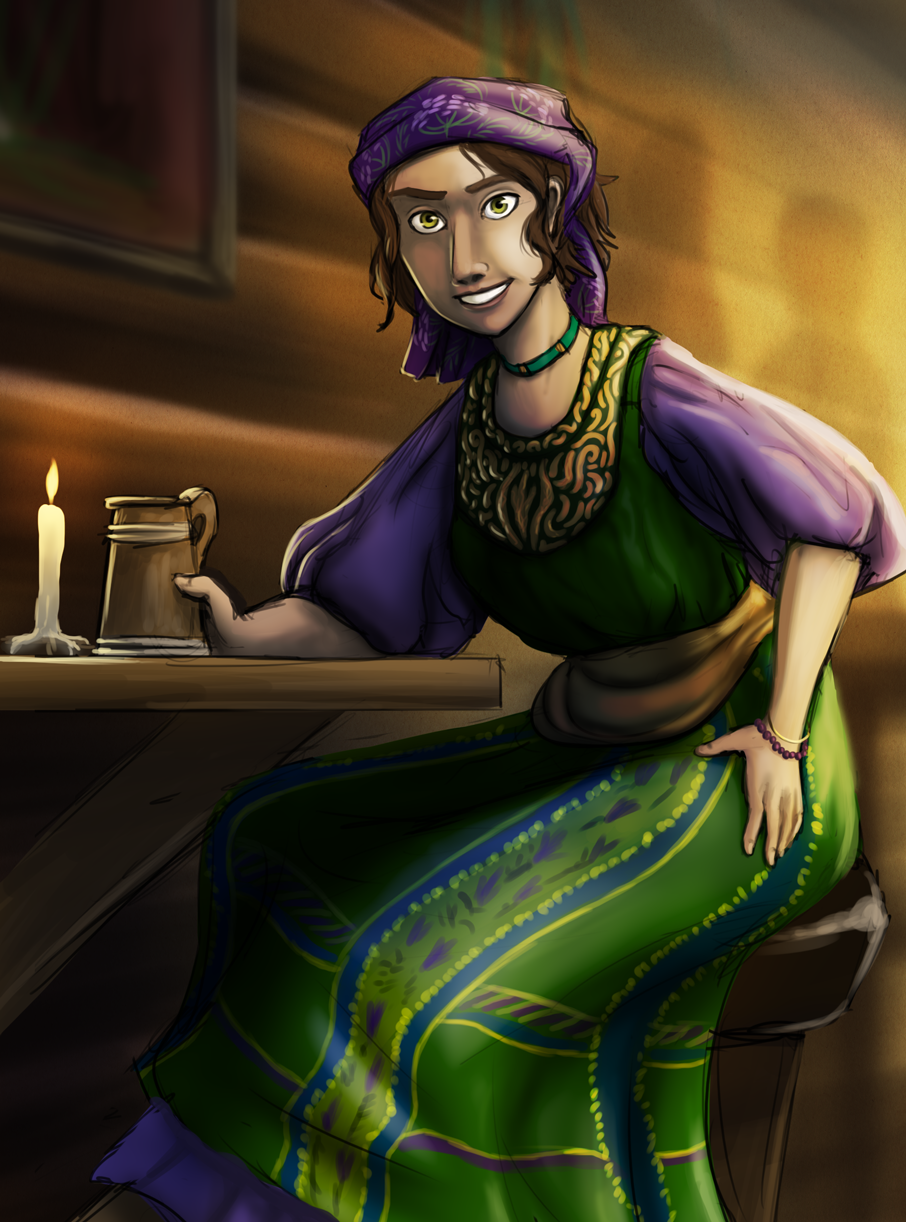 Kaelin is the Motylek inn galley, wearing a fancy green and purple dress