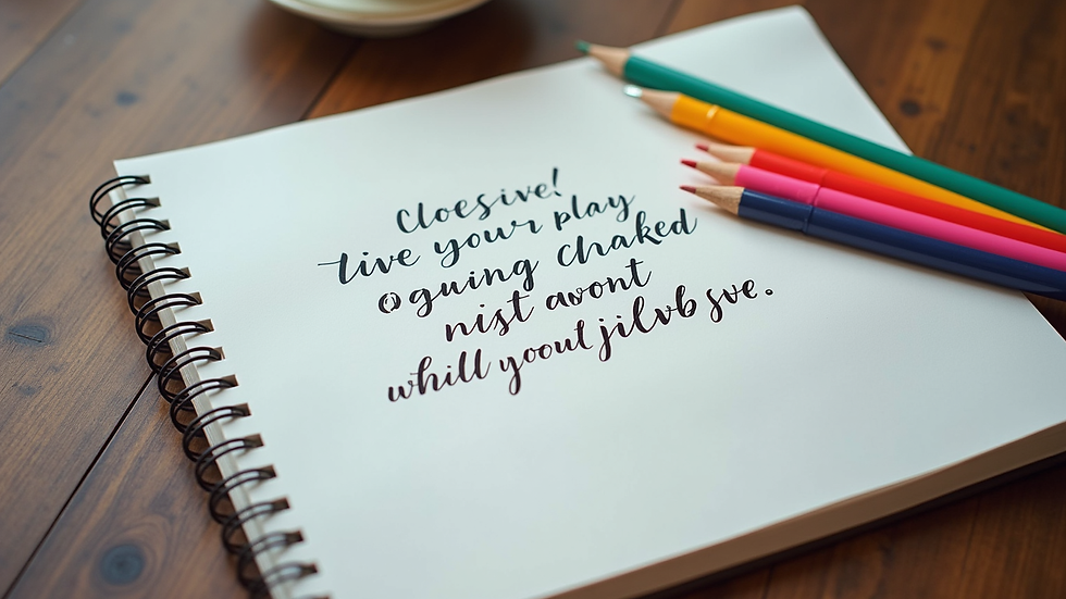 High angle view of a notebook with motivational quotes and colorful pens