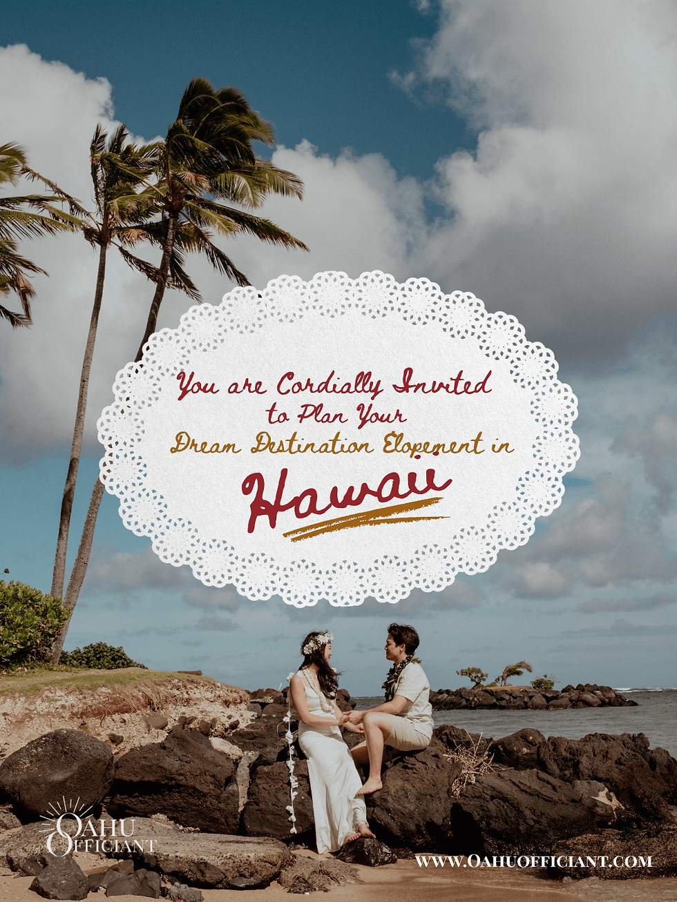 Hawaii elopement ad shows a couple on seaside rocks under palm trees, with invitation text to plan a dream destination elopement.