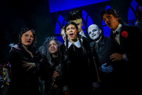 The Addams Family cast members in a dramatic pose, stage play performance.