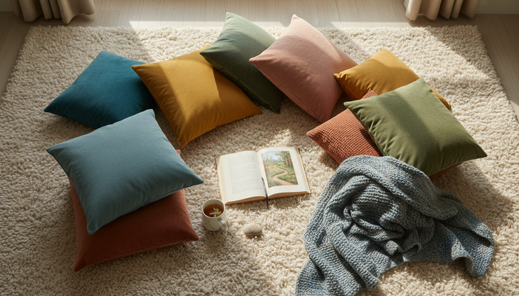 Overhead view of colorful cushions on a living room rug beside an open book
