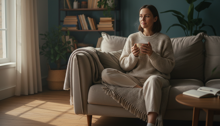 Eye-level view of a person sitting calmly on a sofa with a warm cup in both hands