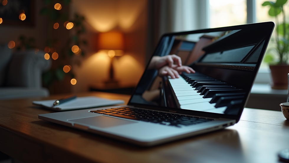 Close-up view of a laptop screen showing a piano tutorial video [AI-generated image]