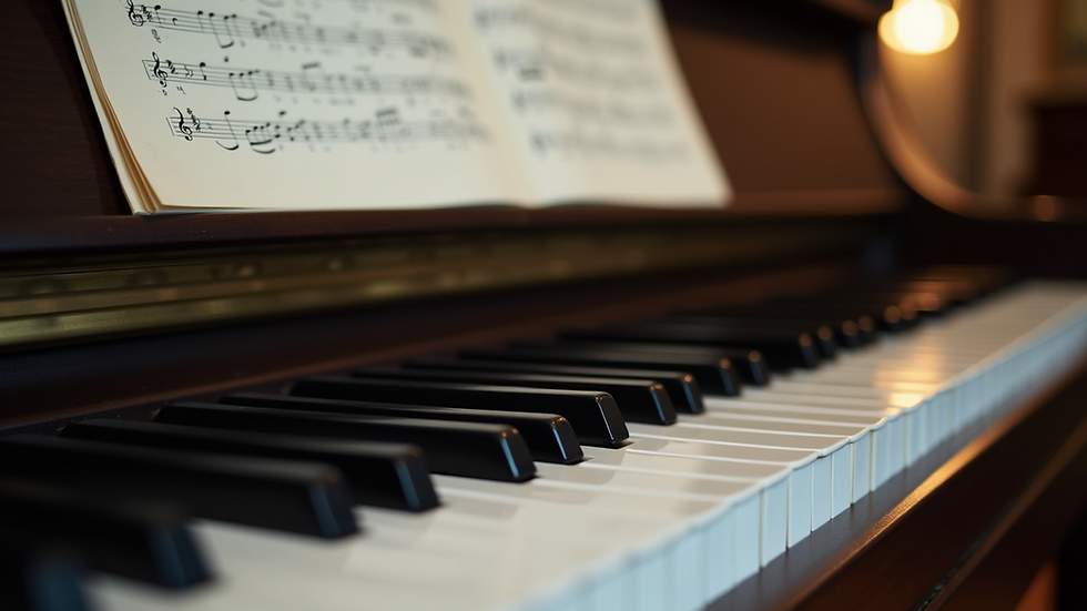Close-up view of piano keys with sheet music in the background