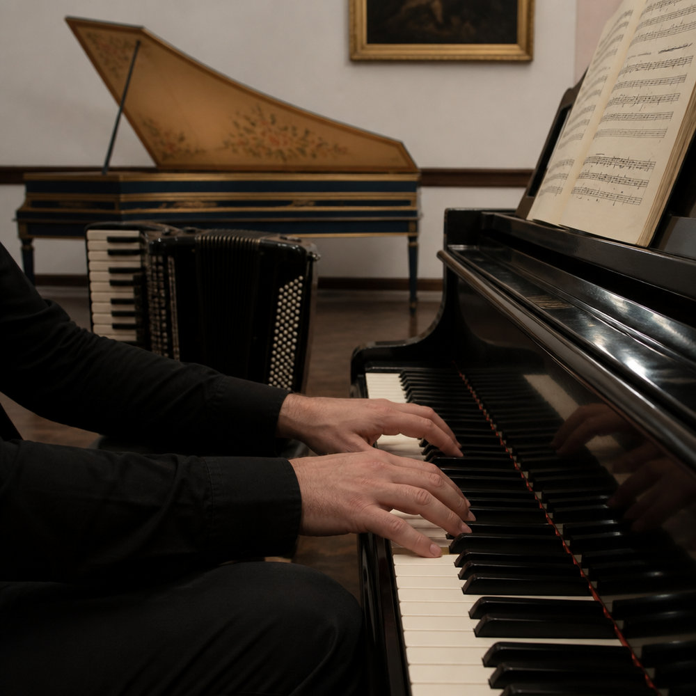 KI-generiertes Bild: Hände am Klavier, im Hintergrund Cembalo und Akkordeon KI-generiertes Bild: Hände am Klavier, im Hintergrund Cembalo und Akkordeon
