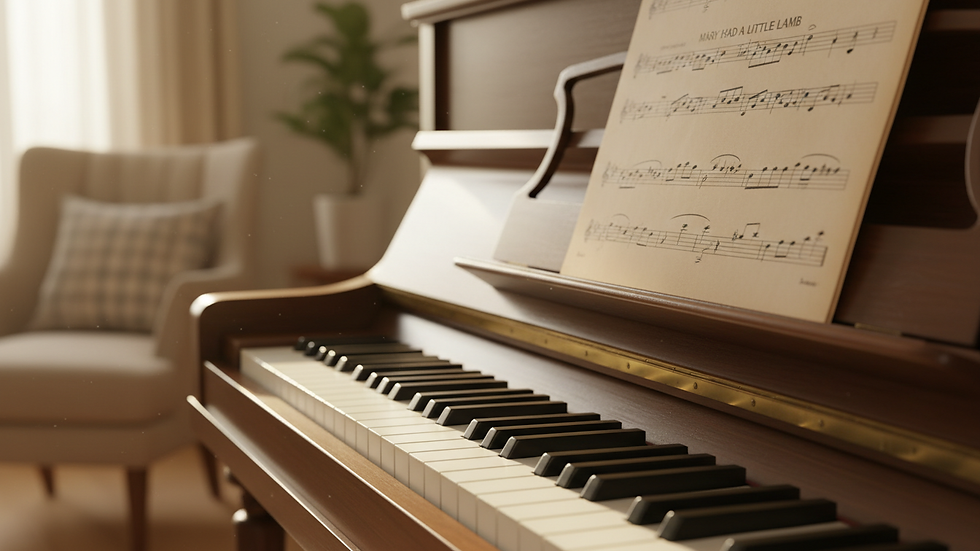 Eye-level view of a piano keyboard with beginner sheet music [AI-generated image]