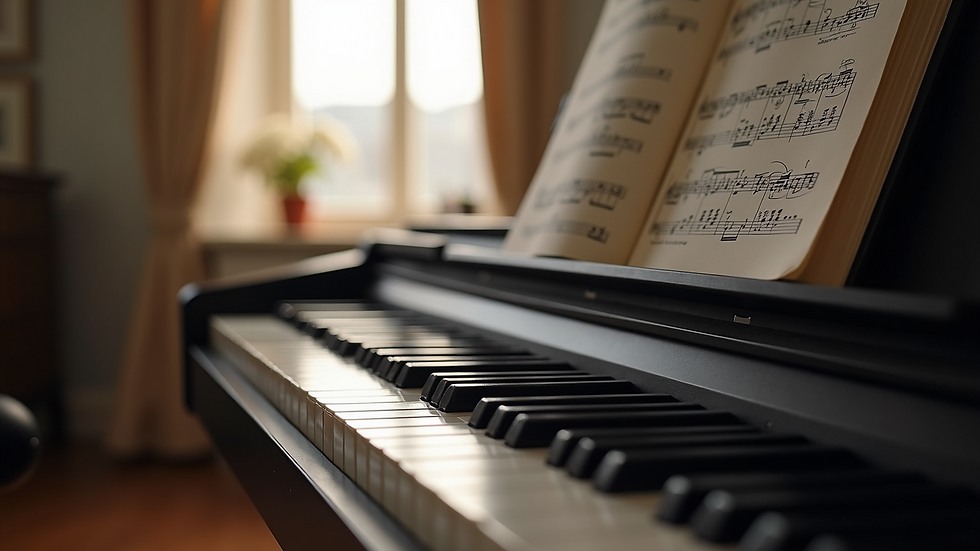 Eye-level view of a digital piano keyboard with sheet music on a stand [AI-generated image]