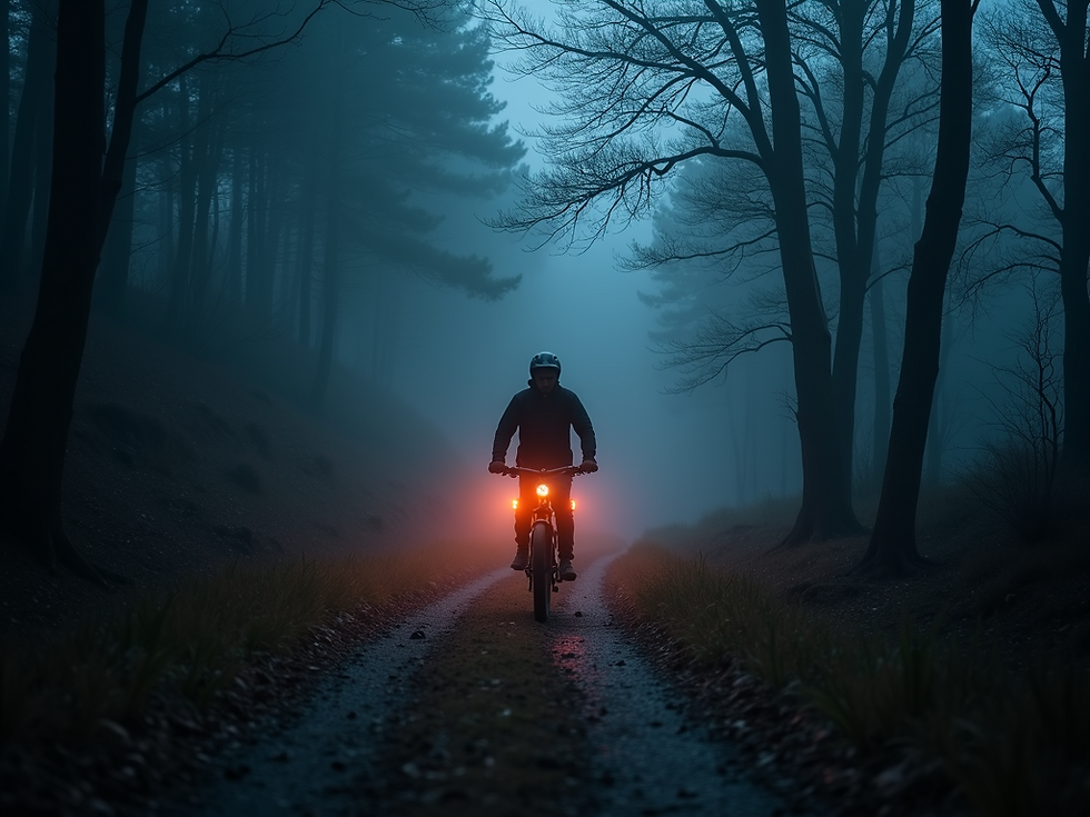 An-ebike-rider-exploring-a-foggy-forest-trail-lit-by-halloween-themed-lights-at-night-time