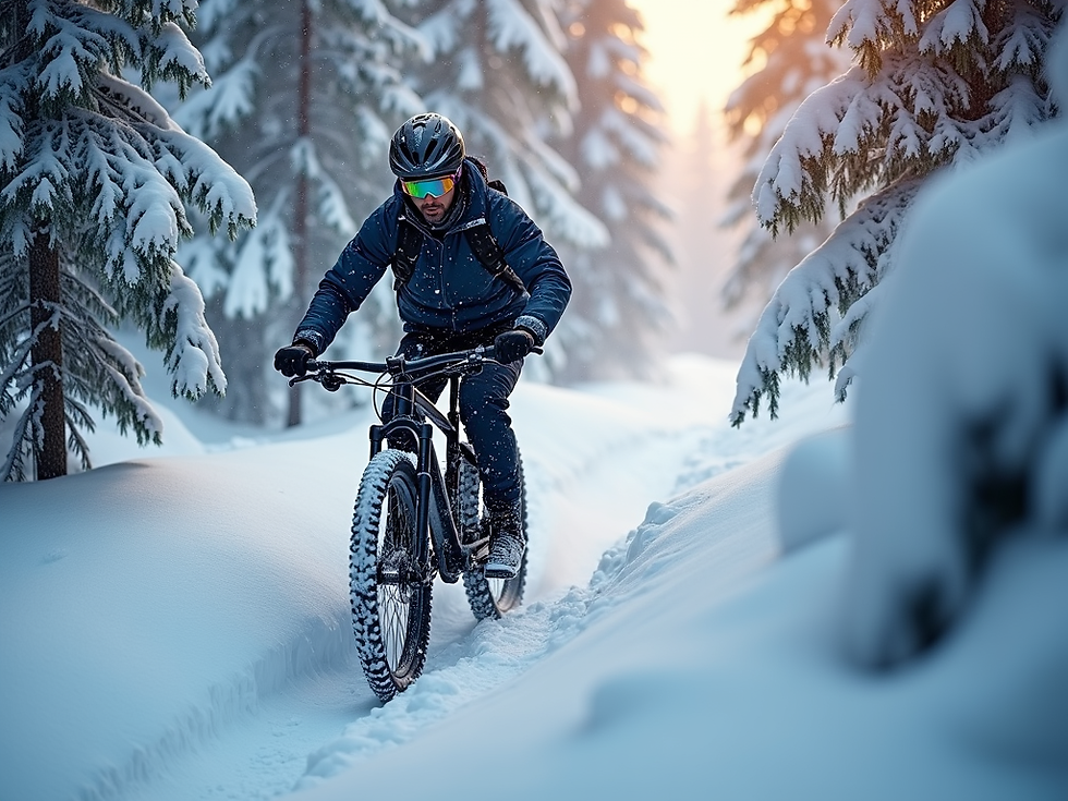 Action-shot of an e-bike rider tackling a snowy, steep trail with dynamic-shot lighting an