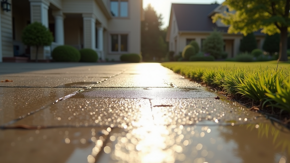 High angle view of driveway with fresh sealant applied