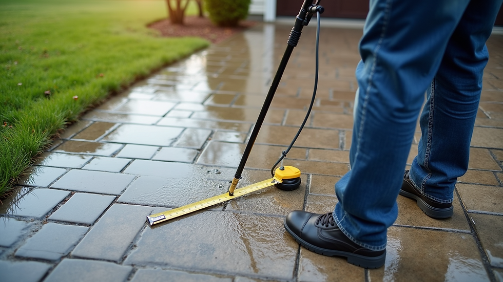 High angle view of technician measuring driveway area for pressure washing estimate
