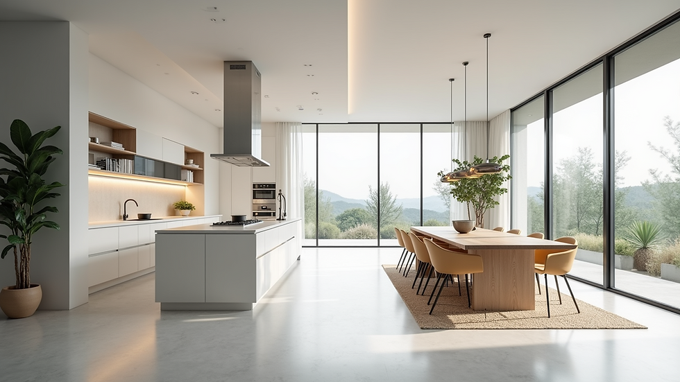 Wide angle view of a spacious open concept kitchen and living area