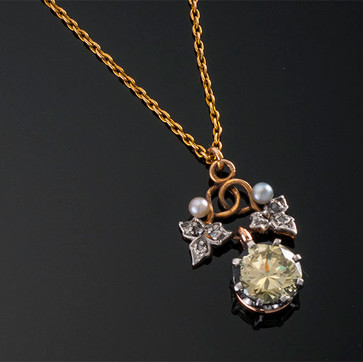Antique Fancy Yellow Diamond Pendant and Chain
15K YG & Plat (21 x 14mm)
D=1.96cts NFY SI2 (GIA)
PD39496
