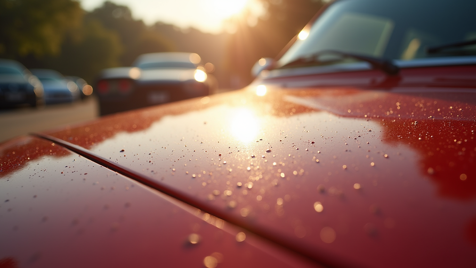 Close-up view of a shiny, freshly detailed car hood reflecting sunlight