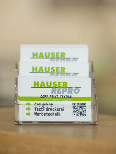 Visitenkarten HAUSER REPRO: COPY-PRINT-TEXTILE, Druckereien, Textildruckerei, Werbetechnik; SCAN MICH.