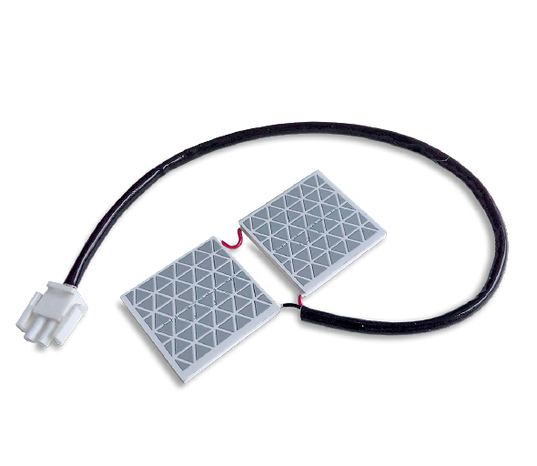 Two square heating elements with wiring and connector.