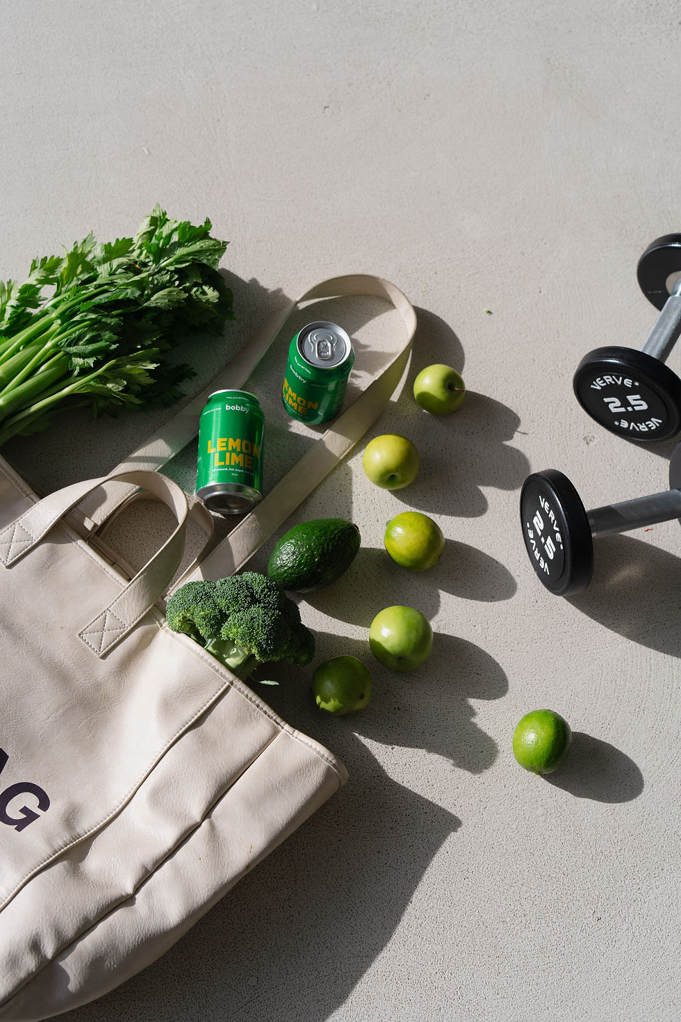 Wellness lifestyle flat lay, fresh produce and fitness gear, content for health brand