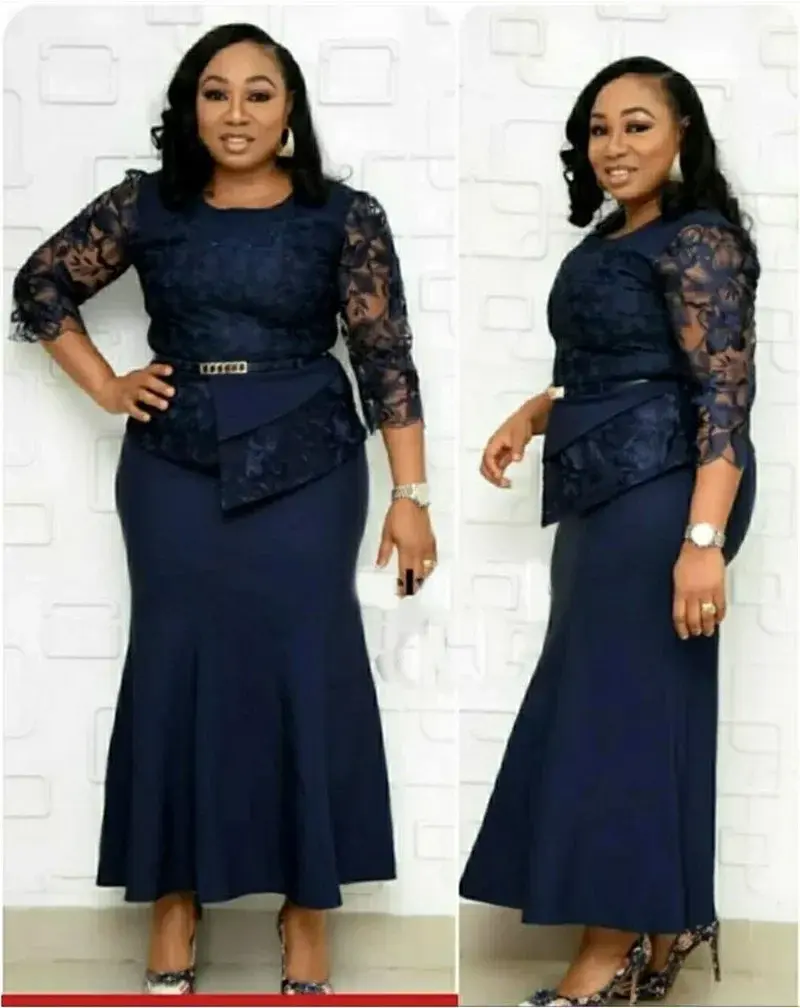 Thumbnail: Baptism Center Plus Size Formal Maxi Dress – Lace Patchwork 3/4 Sleeve O‑Neck