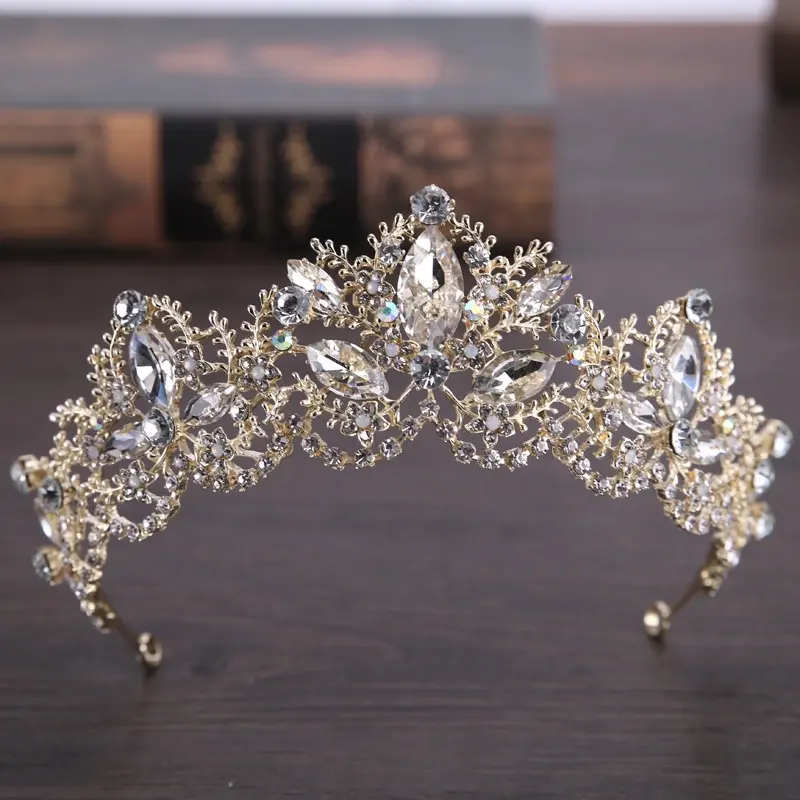 Baptism Center Baroque Crystal Crown – Light Gold Full‑Round handcrafted Tiara
