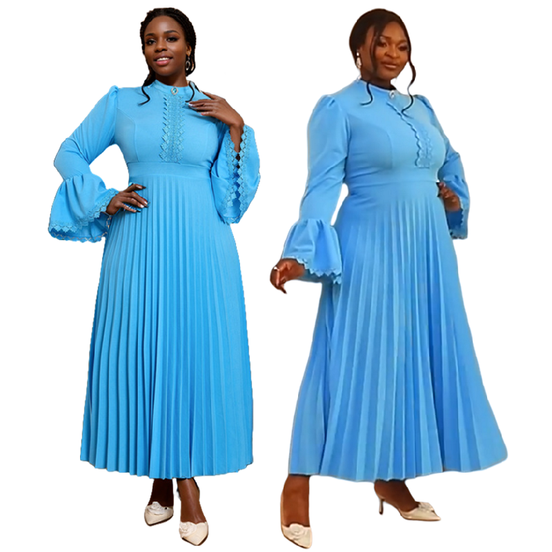 Baptism Center Elegant Autumn Flare Sleeve Maxi Dress - O‑Neck Pleated Church We