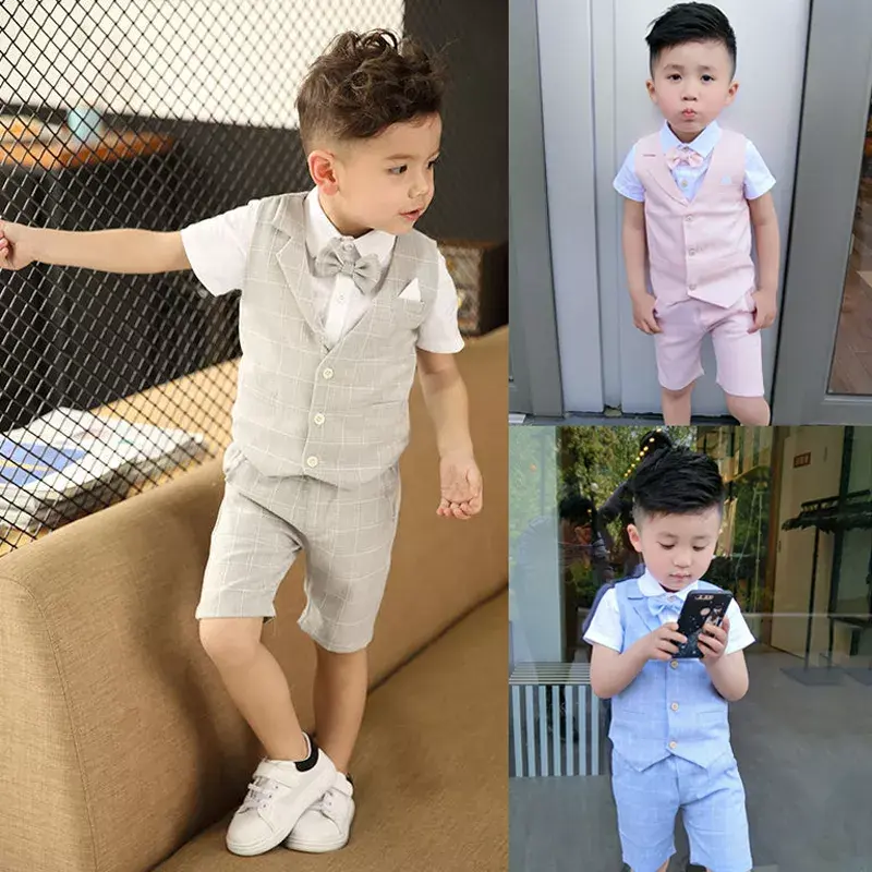 Baptism Center Boys’ Plaid Vest Suit Set – 4‑Piece Wedding Summer Formal Outfit