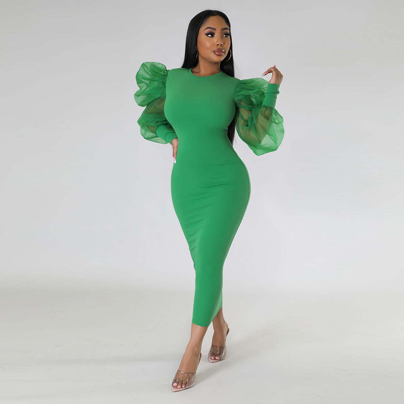 Thumbnail: Baptism Center Lantern Sleeve Bodycon Maxi Dress – Elegant Evening Celebration
