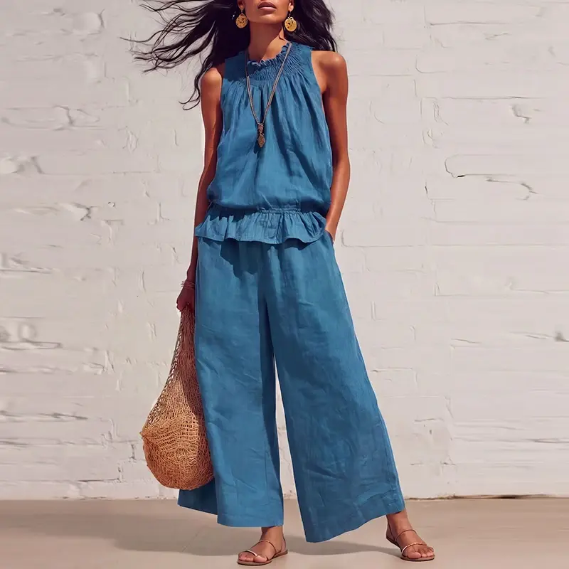 Thumbnail: Baptism Center Linen Sleeveless Vest- Two pcs Pants Set – Elegant Retro Outfit