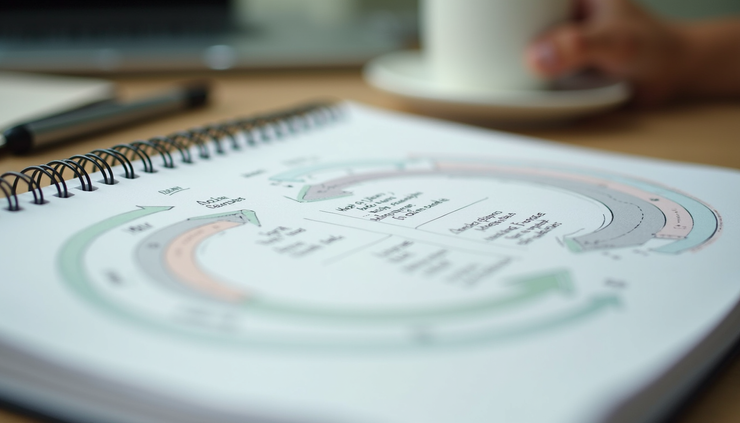 Vue rapprochée d’un carnet de notes avec des schémas représentant un cycle de vie