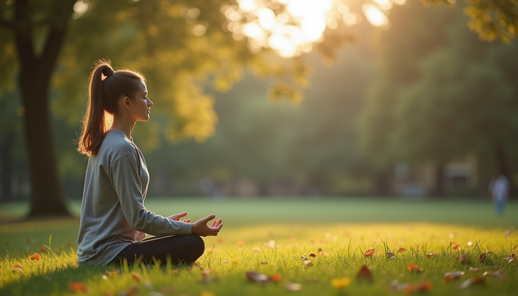 Vue de côté d’une personne méditant dans un parc calme