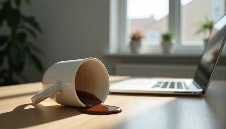 Vue rapprochée d’un bureau vide avec une tasse de café renversée