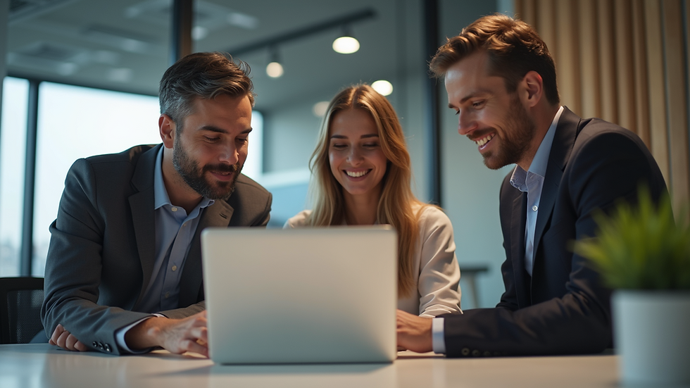 Eye-level view of a team collaborating around a laptop in a modern office