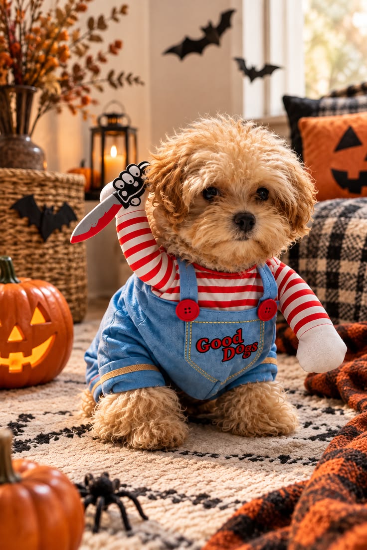 Puppy wearing the Good Dogs Killer Costume — striped shirt, overalls and plush knife