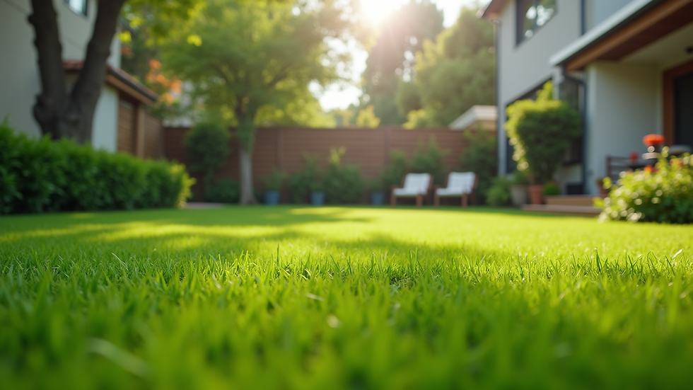 Eye-level view of a clean green backyard with trimmed grass