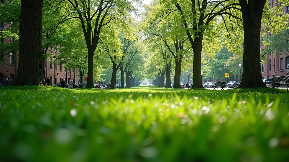 Eye-level view of a clean New York City park with green grass and trees