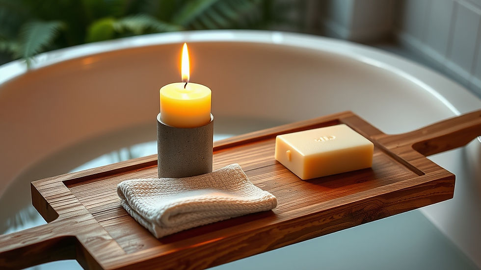 fall evening, filled bath tub, wooden tray reaching both sides of the tub with a lit simpl